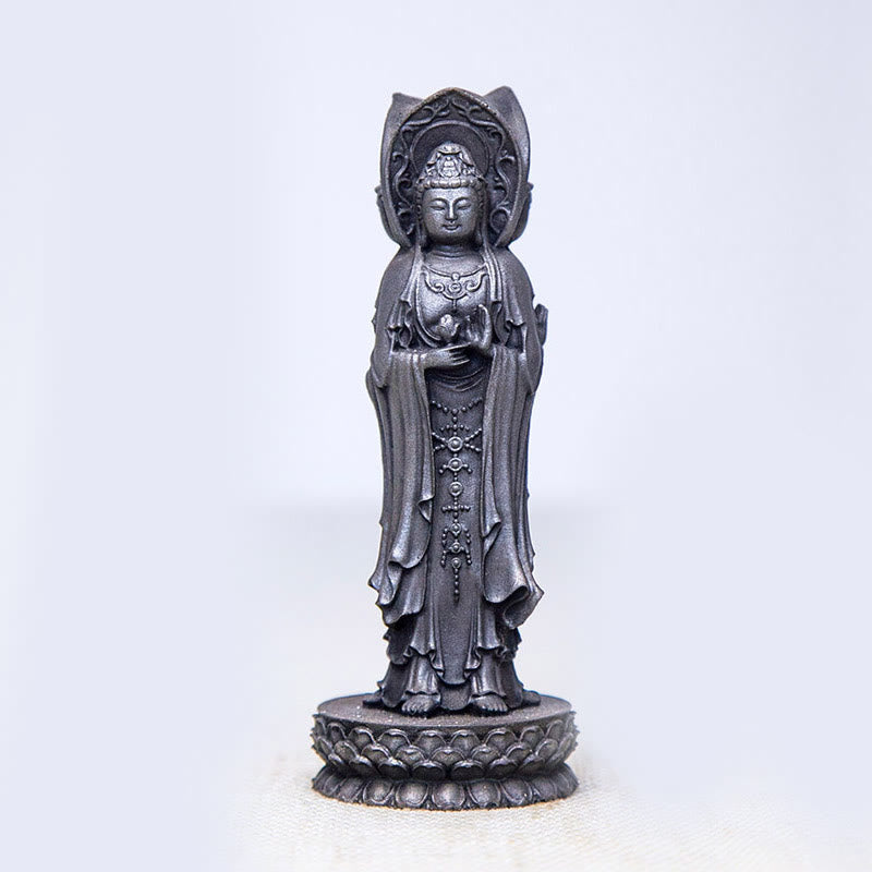 Buddha Stones Trójstronny Kwan Yin Awalokiteśwara Żelazo Proszek Rdza Odlew Żywicy Statua Bogactwo Dekoracja Biurka - Wersja polerowana 16,5*5,6*5,6 cm - image 13