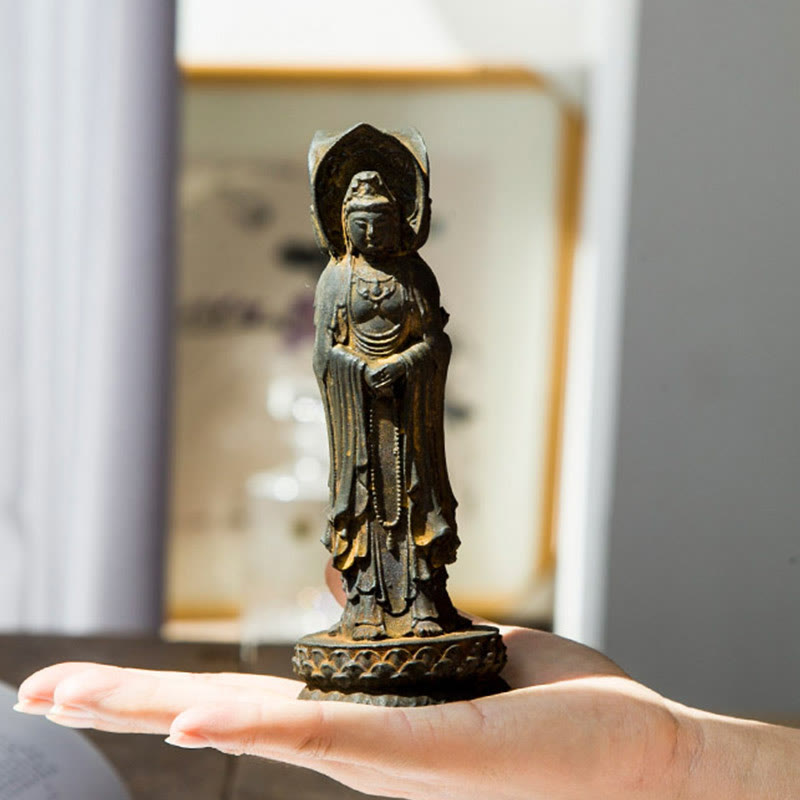 Buddha Stones Trójstronny Kwan Yin Awalokiteśwara Żelazo Proszek Rdza Odlew Żywicy Statua Bogactwo Dekoracja Biurka - image 3