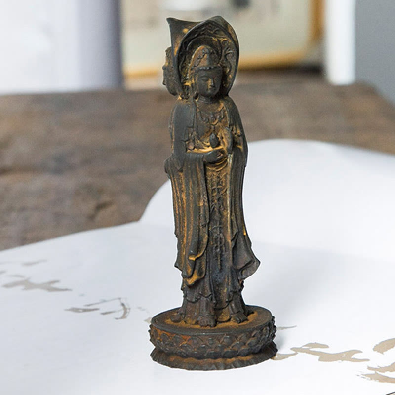 Buddha Stones Trójstronny Kwan Yin Awalokiteśwara Żelazo Proszek Rdza Odlew Żywicy Statua Bogactwo Dekoracja Biurka