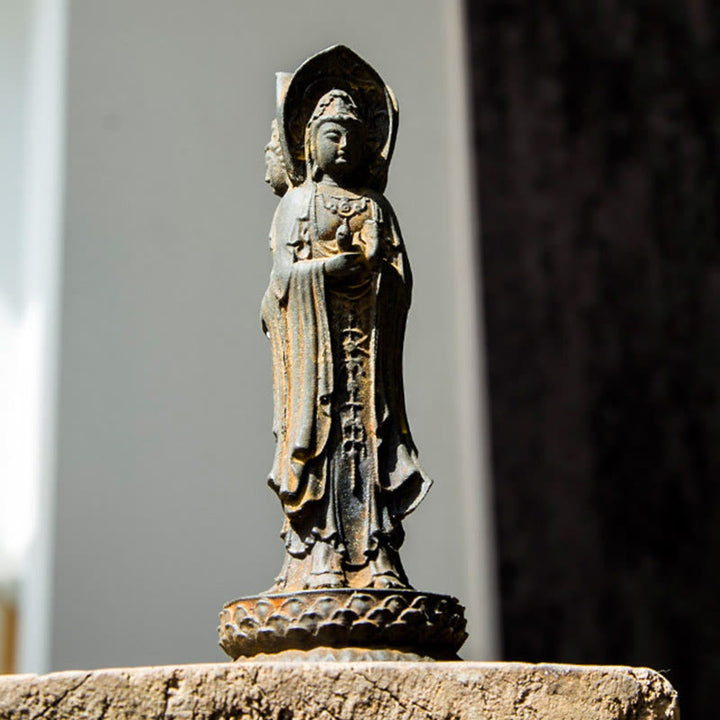 Buddha Stones Trójstronny Kwan Yin Awalokiteśwara Żelazo Proszek Rdza Odlew Żywicy Statua Bogactwo Dekoracja Biurka - image 4