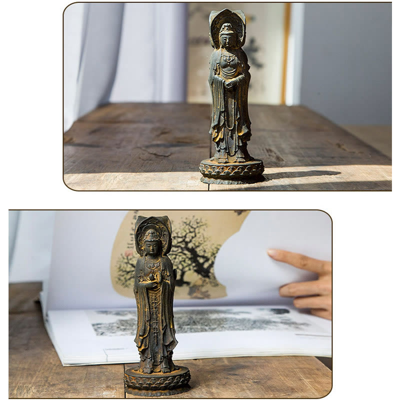 Buddha Stones Trójstronny Kwan Yin Awalokiteśwara Żelazo Proszek Rdza Odlew Żywicy Statua Bogactwo Dekoracja Biurka - image 11