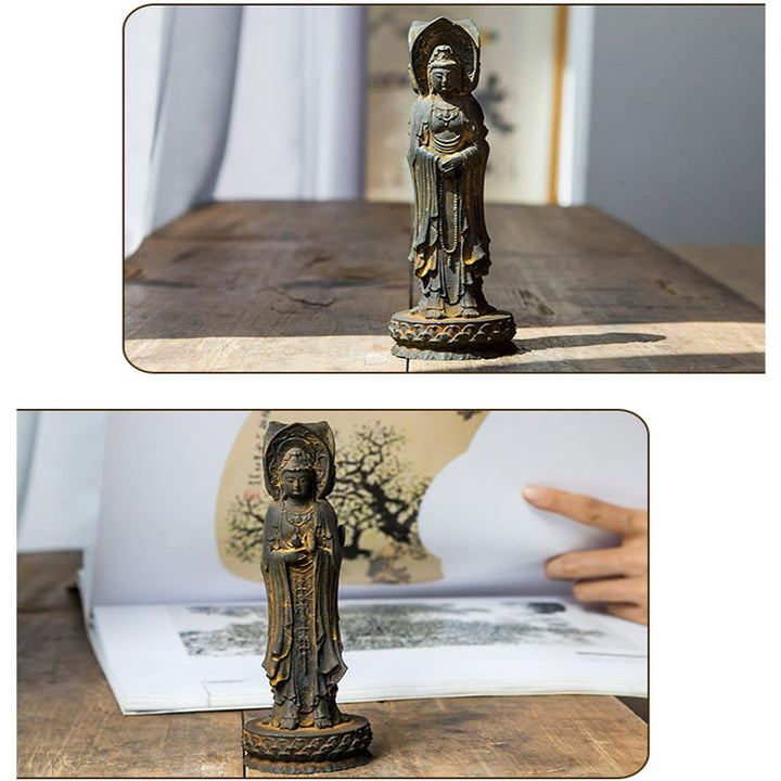 Buddha Stones Trójstronny Kwan Yin Awalokiteśwara Żelazo Proszek Rdza Odlew Żywicy Statua Bogactwo Dekoracja Biurka - image 11