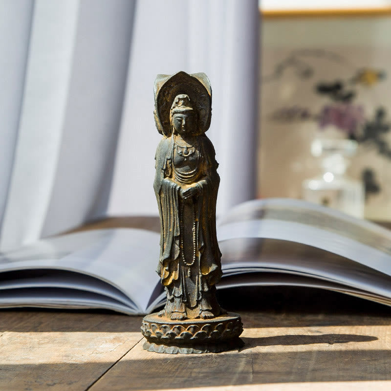 Buddha Stones Trójstronny Kwan Yin Awalokiteśwara Żelazo Proszek Rdza Odlew Żywicy Statua Bogactwo Dekoracja Biurka