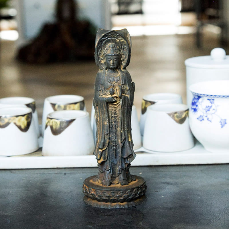 Buddha Stones Trójstronny Kwan Yin Awalokiteśwara Żelazo Proszek Rdza Odlew Żywicy Statua Bogactwo Dekoracja Biurka