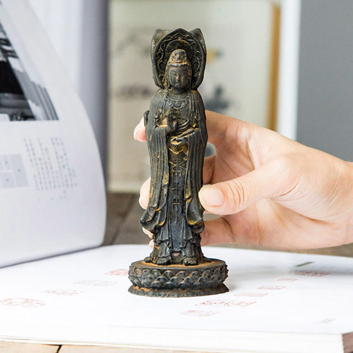 Buddha Stones Trójstronny Kwan Yin Awalokiteśwara Żelazo Proszek Rdza Odlew Żywicy Statua Bogactwo Dekoracja Biurka