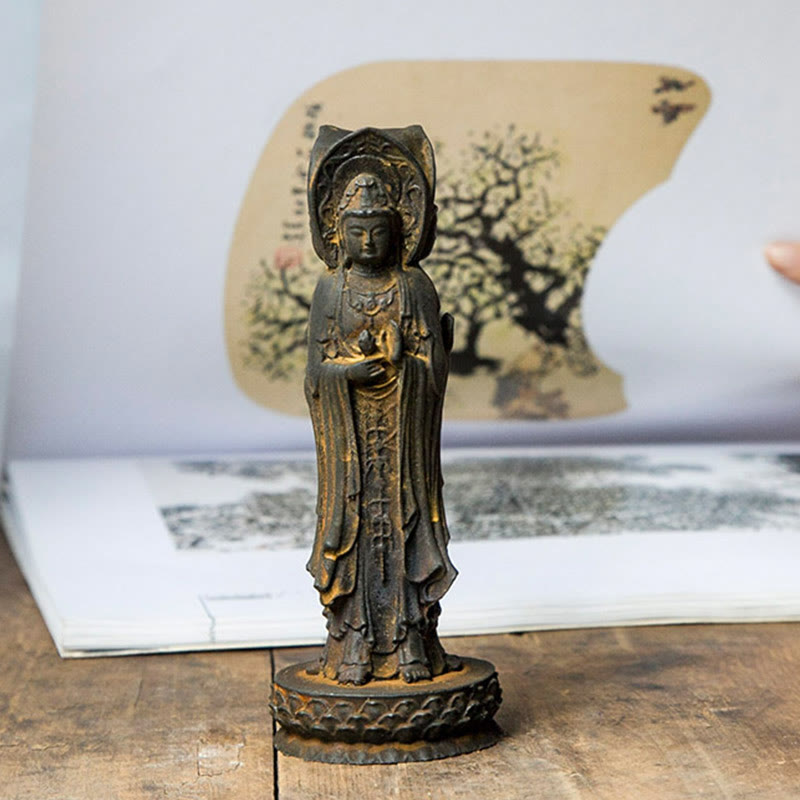 Buddha Stones Trójstronny Kwan Yin Awalokiteśwara Żelazo Proszek Rdza Odlew Żywicy Statua Bogactwo Dekoracja Biurka