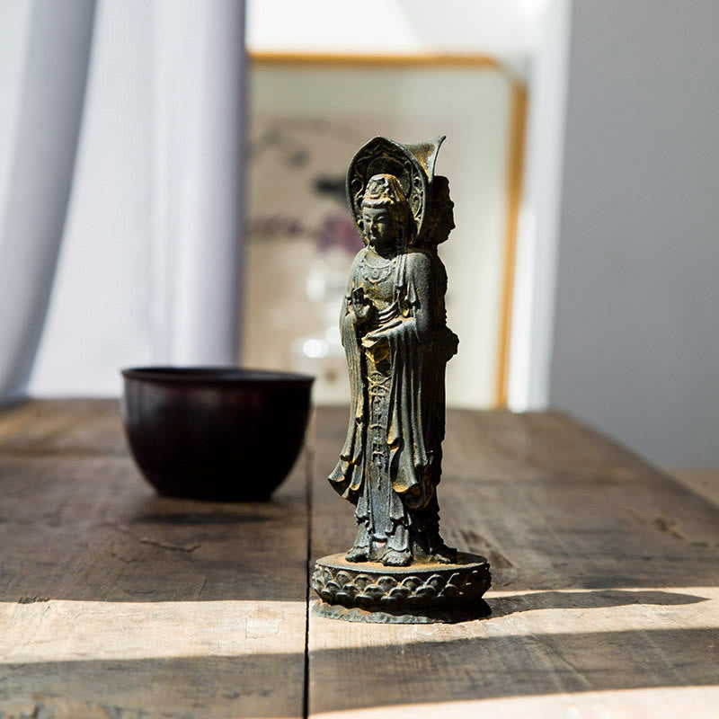 Buddha Stones Trójstronny Kwan Yin Awalokiteśwara Żelazo Proszek Rdza Odlew Żywicy Statua Bogactwo Dekoracja Biurka - Wersja rdzawa 16,5*6 cm - image 0