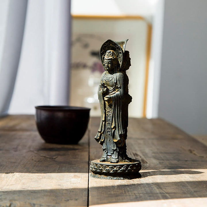 Buddha Stones Trójstronny Kwan Yin Awalokiteśwara Żelazo Proszek Rdza Odlew Żywicy Statua Bogactwo Dekoracja Biurka - Wersja rdzawa 16,5*6 cm - image 0