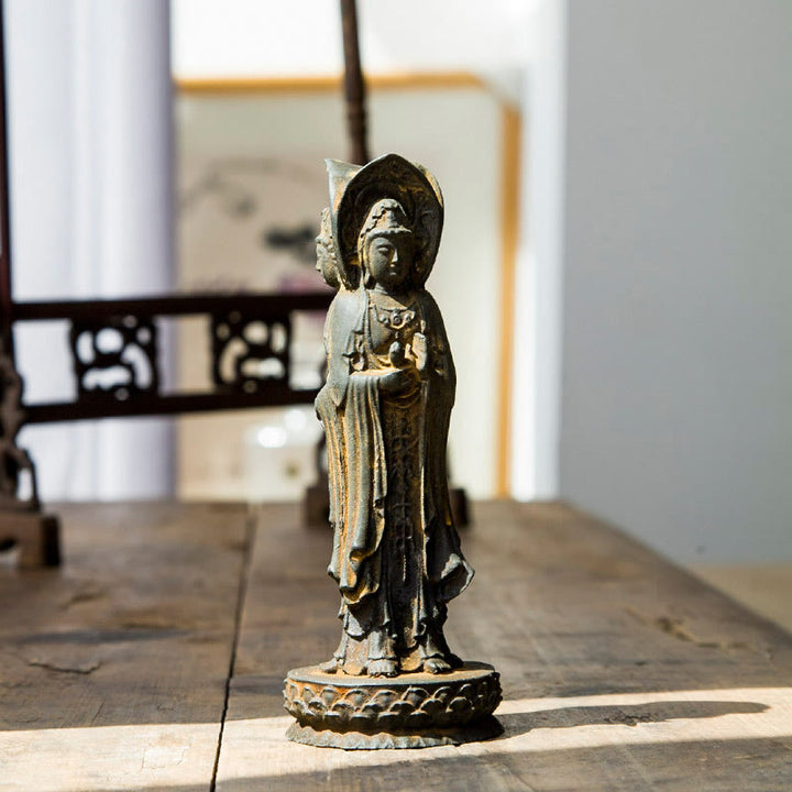 Buddha Stones Trójstronny Kwan Yin Awalokiteśwara Żelazo Proszek Rdza Odlew Żywicy Statua Bogactwo Dekoracja Biurka - image 2