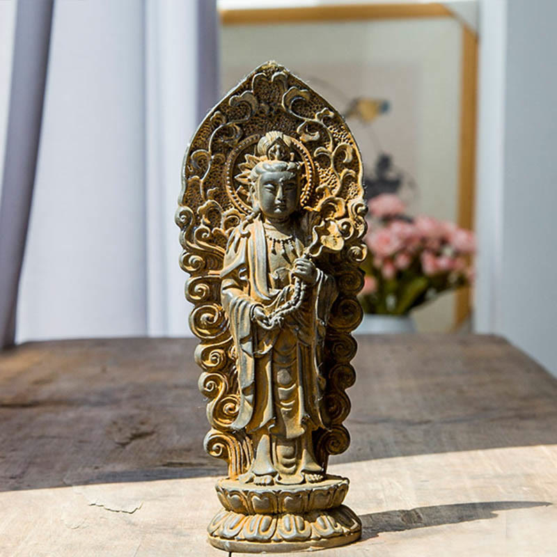 Buddha Stones ręcznie robione Amitabha Guanyin Avalokitesvara Mahasthamaprapta proszek żelaza rdza odlew posąg z żywicy dekoracja - Uchwyt Buddy Ruyi - Wersja rdzawa 18*7cm - image 0