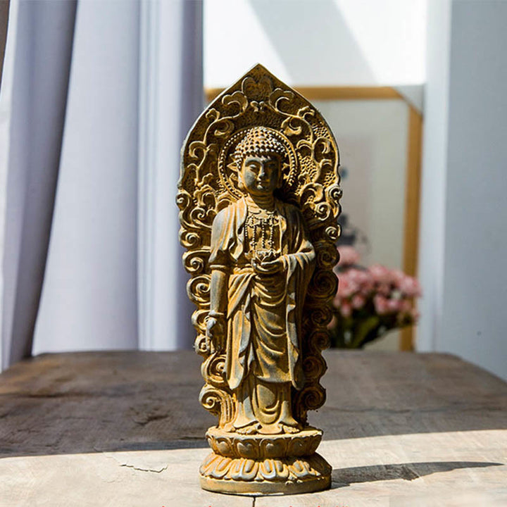 Buddha Stones ręcznie robione Amitabha Guanyin Avalokitesvara Mahasthamaprapta proszek żelaza rdza odlew posąg z żywicy dekoracja - Budda Lotos - Wersja rdzawa 18*7cm - image 8