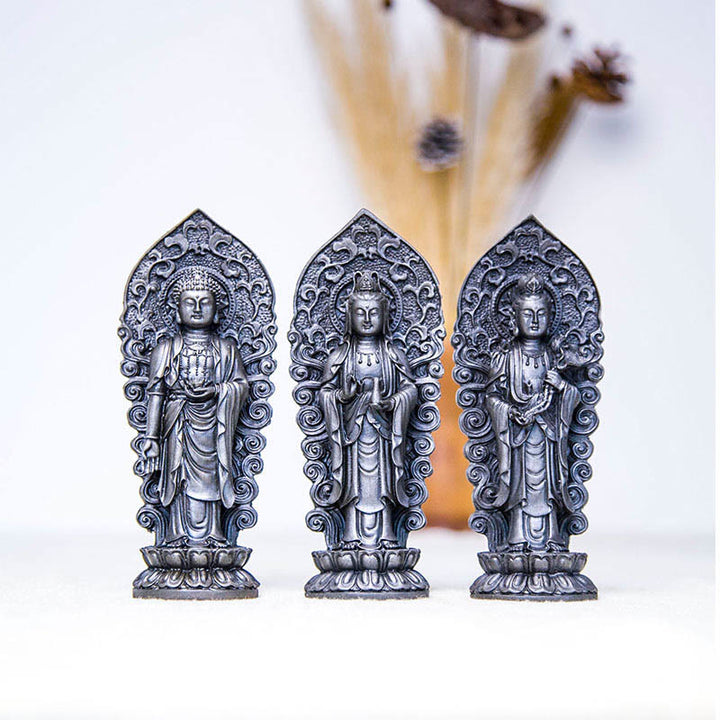 Buddha Stones ręcznie robione Amitabha Guanyin Avalokitesvara Mahasthamaprapta proszek żelaza rdza odlew posąg z żywicy dekoracja - image 23