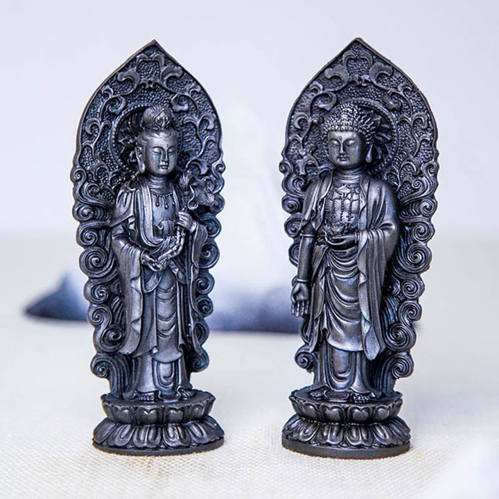 Buddha Stones ręcznie robione Amitabha Guanyin Avalokitesvara Mahasthamaprapta proszek żelaza rdza odlew posąg z żywicy dekoracja - image 35