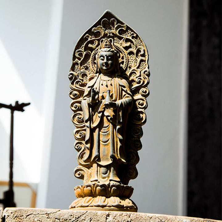 Buddha Stones ręcznie robione Amitabha Guanyin Avalokitesvara Mahasthamaprapta proszek żelaza rdza odlew posąg z żywicy dekoracja - image 16