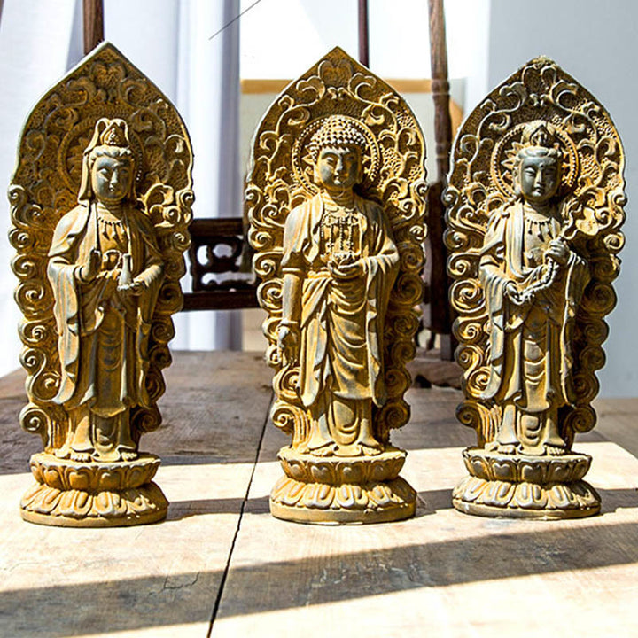 Buddha Stones ręcznie robione Amitabha Guanyin Avalokitesvara Mahasthamaprapta proszek żelaza rdza odlew posąg z żywicy dekoracja - image 19