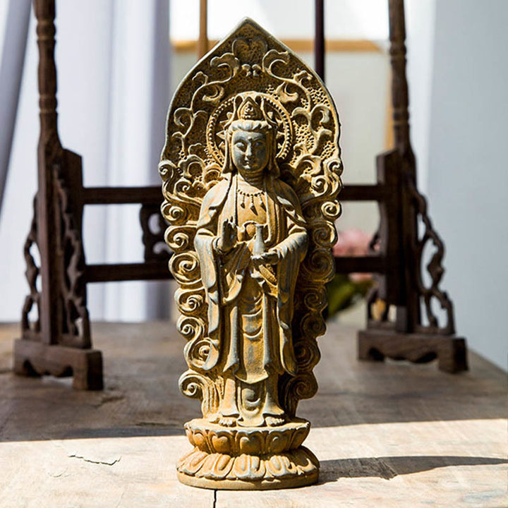 Buddha Stones ręcznie robione Amitabha Guanyin Avalokitesvara Mahasthamaprapta proszek żelaza rdza odlew posąg z żywicy dekoracja - image 17