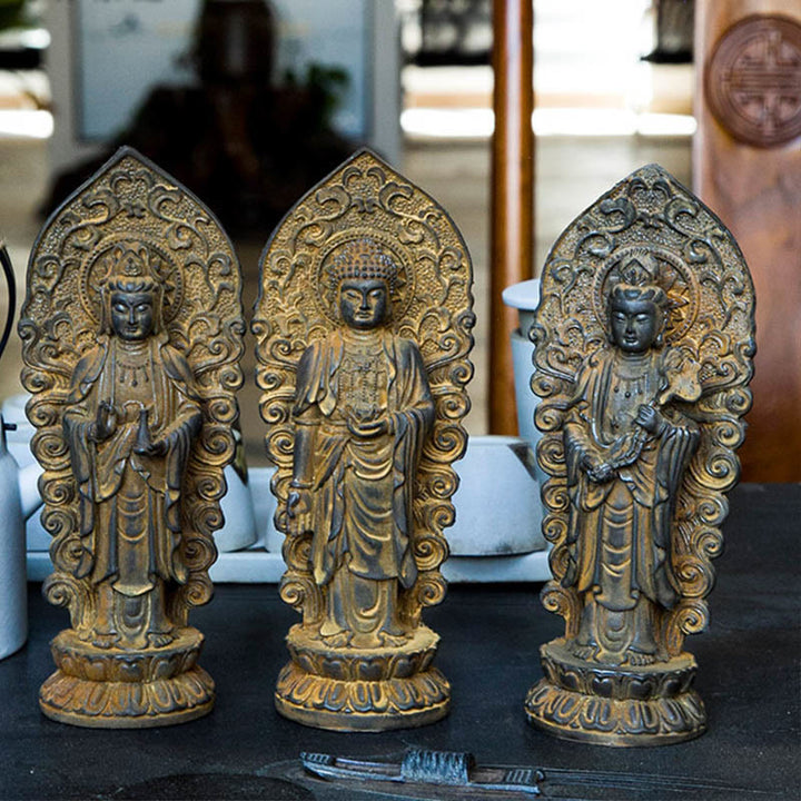 Buddha Stones ręcznie robione Amitabha Guanyin Avalokitesvara Mahasthamaprapta proszek żelaza rdza odlew posąg z żywicy dekoracja - image 20