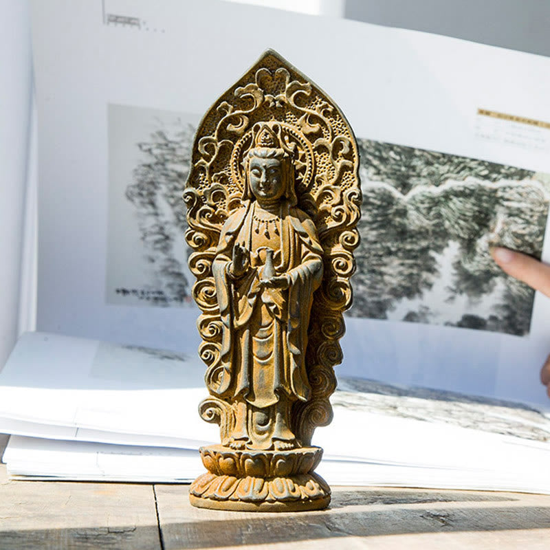 Buddha Stones ręcznie robione Amitabha Guanyin Avalokitesvara Mahasthamaprapta proszek żelaza rdza odlew posąg z żywicy dekoracja - image 15