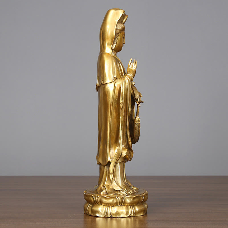Buddha Stones Złoty Stojący Kwan Yin Awalokiteśwara Bogactwo Mosiądz Miedziana Statua Dekoracja Biurka Domowego