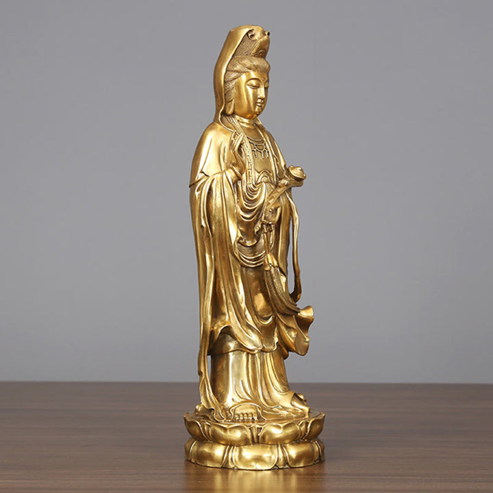 Buddha Stones Złoty Stojący Kwan Yin Awalokiteśwara Bogactwo Mosiądz Miedziana Statua Dekoracja Biurka Domowego