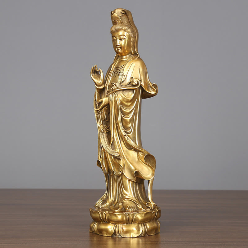 Buddha Stones Złoty Stojący Kwan Yin Awalokiteśwara Bogactwo Mosiądz Miedziana Statua Dekoracja Biurka Domowego