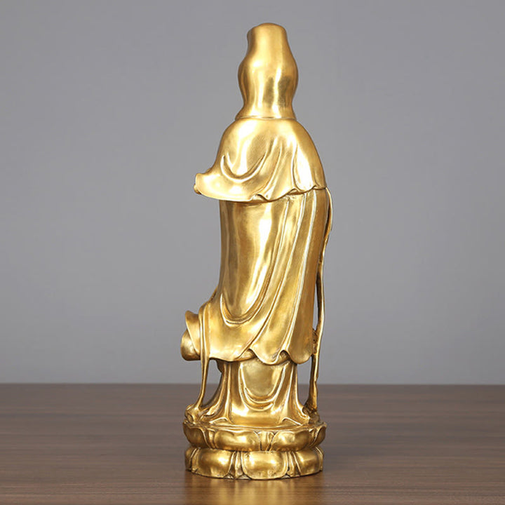 Buddha Stones Złoty Stojący Kwan Yin Awalokiteśwara Bogactwo Mosiądz Miedziana Statua Dekoracja Biurka Domowego