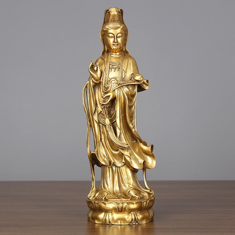 Buddha Stones Złoty Stojący Kwan Yin Awalokiteśwara Bogactwo Mosiądz Miedziana Statua Dekoracja Biurka Domowego - Awalokiteśwara 14*44,5 cm - image 0