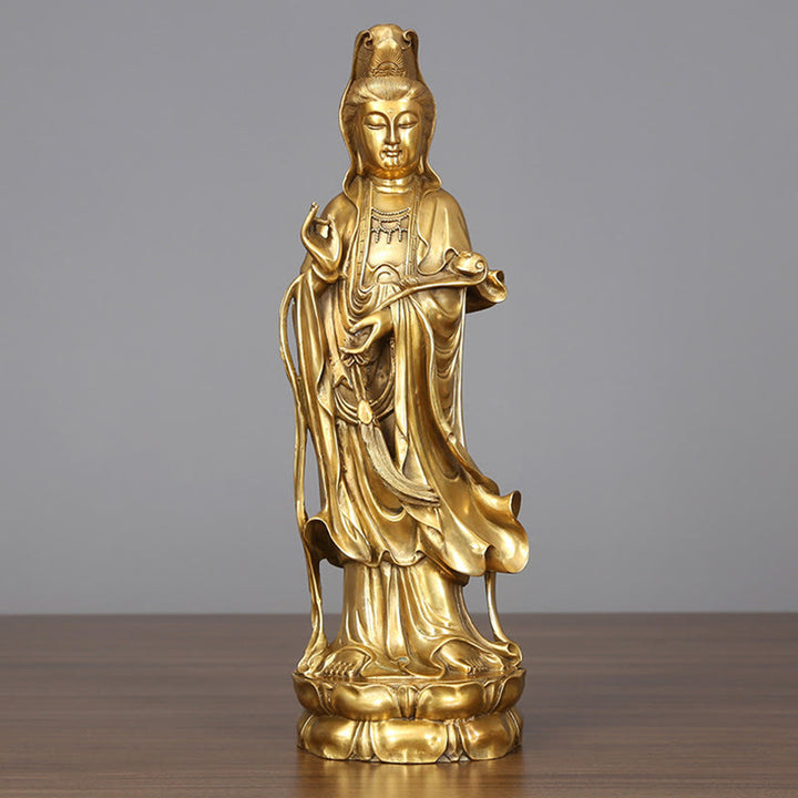 Buddha Stones Złoty Stojący Kwan Yin Awalokiteśwara Bogactwo Mosiądz Miedziana Statua Dekoracja Biurka Domowego - Awalokiteśwara 14*44,5 cm - image 0