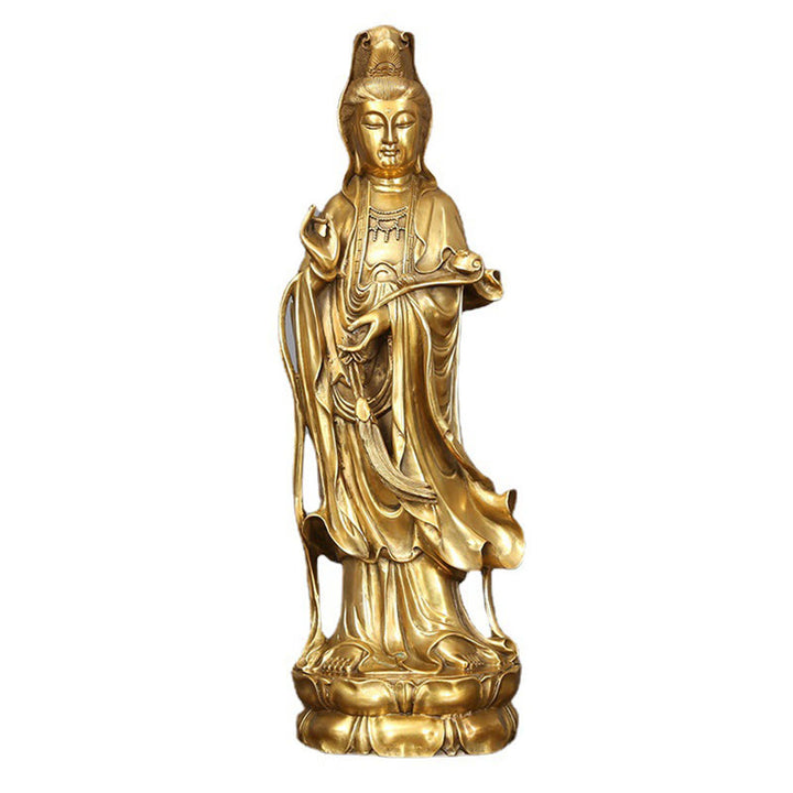 Buddha Stones Złoty Stojący Kwan Yin Awalokiteśwara Bogactwo Mosiądz Miedziana Statua Dekoracja Biurka Domowego