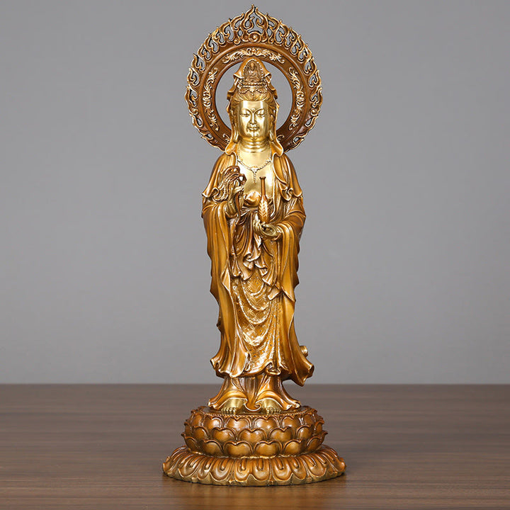 Buddha Stones Kwan Yin Avalokitesvara Lotus Aura Sukces Mosiądz Miedź Statua Dekoracja Domu