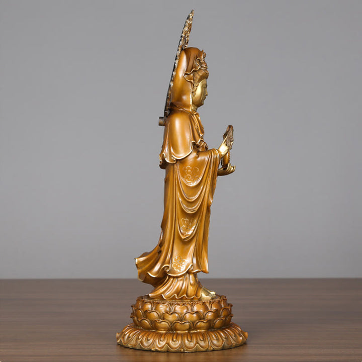 Buddha Stones Kwan Yin Avalokitesvara Lotus Aura Sukces Mosiądz Miedź Statua Dekoracja Domu