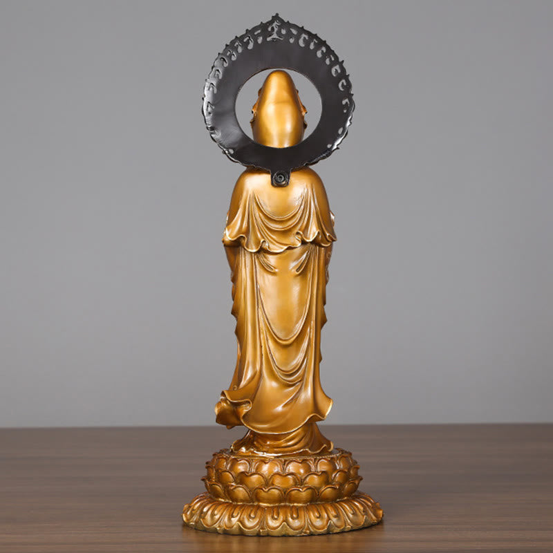 Buddha Stones Kwan Yin Avalokitesvara Lotus Aura Sukces Mosiądz Miedź Statua Dekoracja Domu - image 2