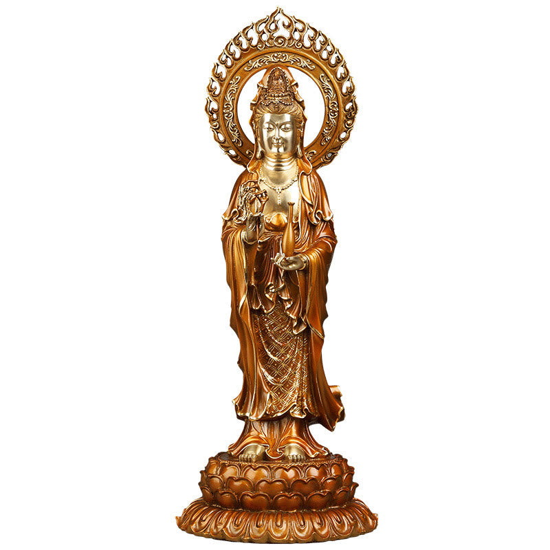 Buddha Stones Kwan Yin Avalokitesvara Lotus Aura Sukces Mosiądz Miedź Statua Dekoracja Domu