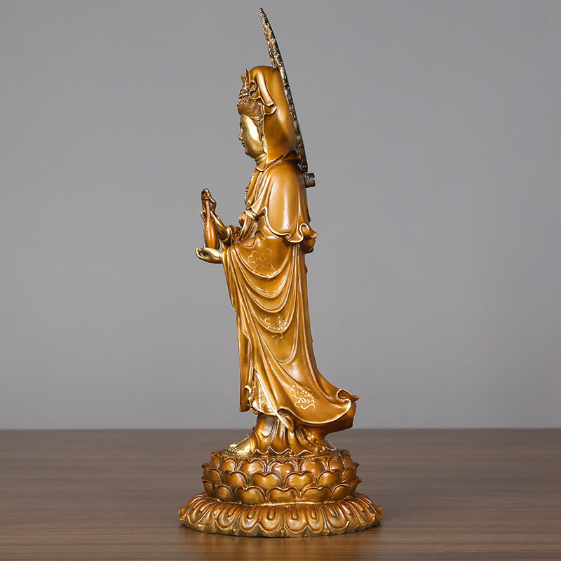 Buddha Stones Kwan Yin Avalokitesvara Lotus Aura Sukces Mosiądz Miedź Statua Dekoracja Domu