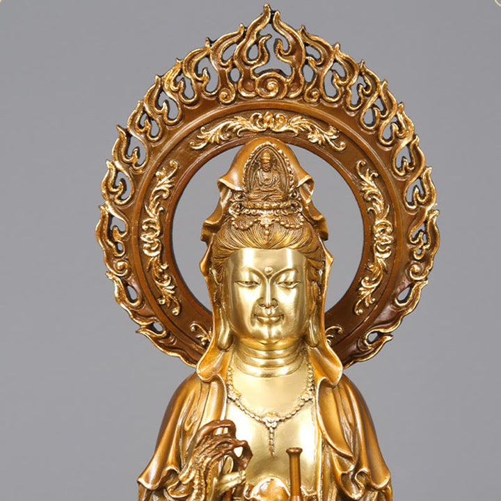 Buddha Stones Kwan Yin Avalokitesvara Lotus Aura Sukces Mosiądz Miedź Statua Dekoracja Domu - image 7