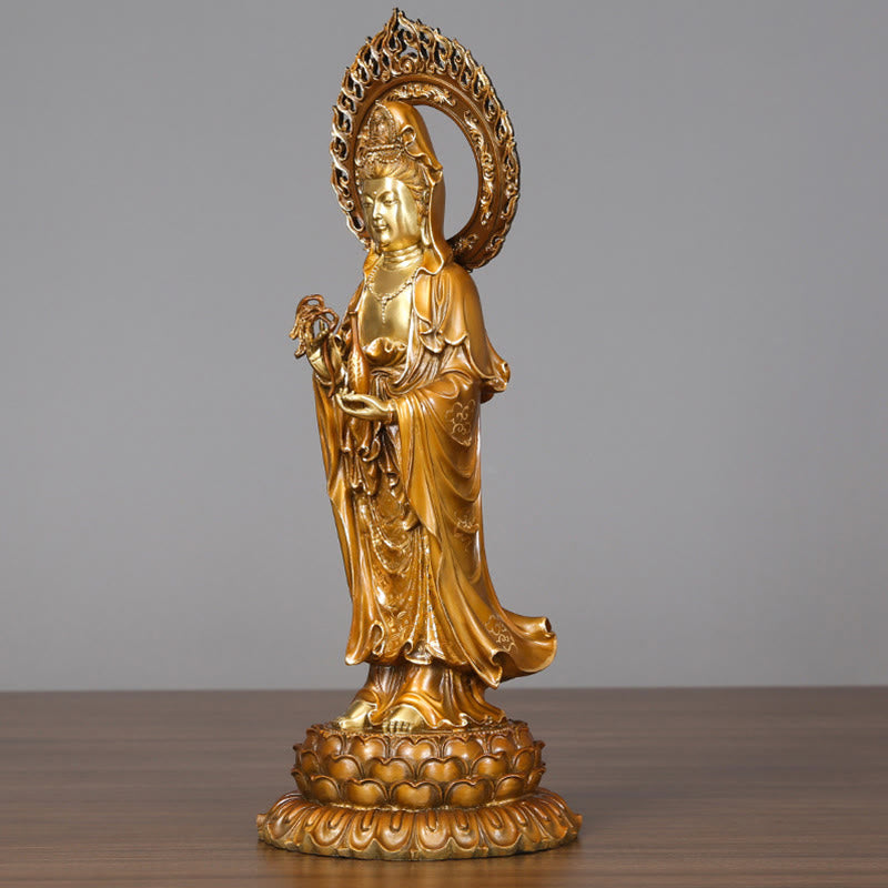 Buddha Stones Kwan Yin Avalokitesvara Lotus Aura Sukces Mosiądz Miedź Statua Dekoracja Domu - image 3