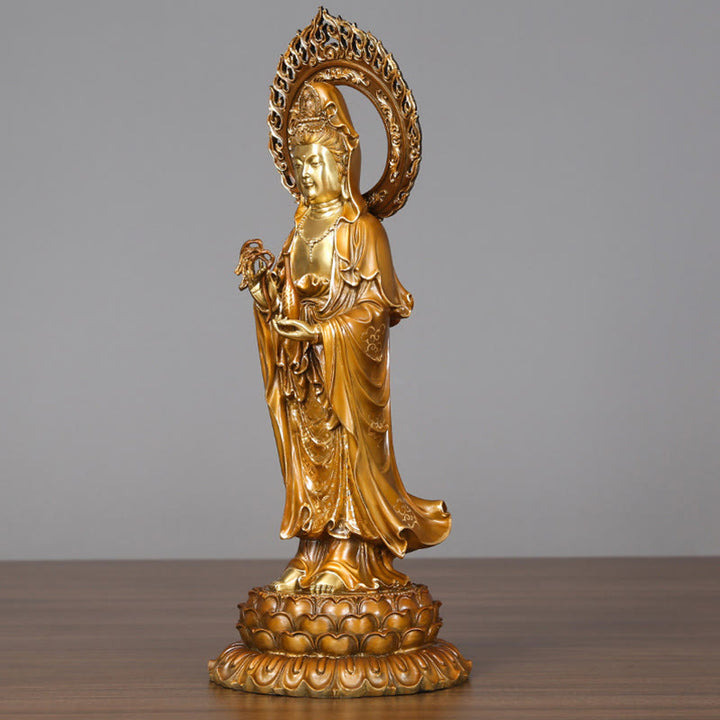 Buddha Stones Kwan Yin Avalokitesvara Lotus Aura Sukces Mosiądz Miedź Statua Dekoracja Domu - image 3