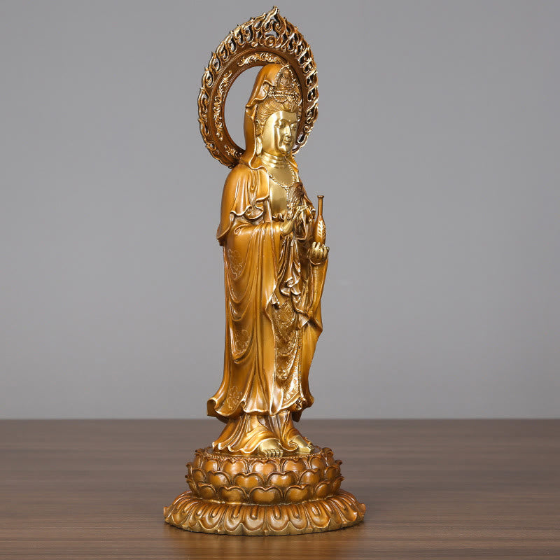 Buddha Stones Kwan Yin Avalokitesvara Lotus Aura Sukces Mosiądz Miedź Statua Dekoracja Domu