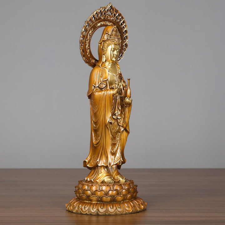 Buddha Stones Kwan Yin Avalokitesvara Lotus Aura Sukces Mosiądz Miedź Statua Dekoracja Domu