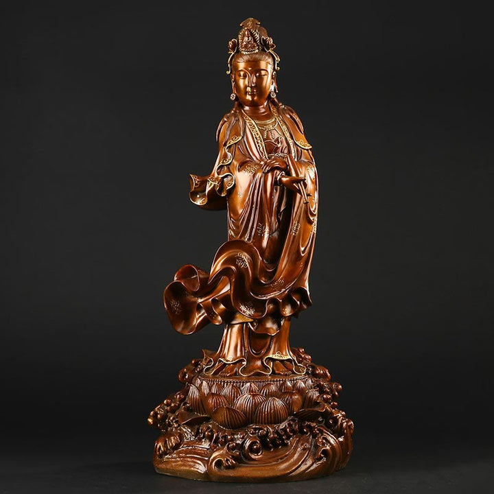 Buddha Stones Kwan Yin Awalokiteśwara trzymający wazon Mosiężna harmonia Miedziana statua Dekoracja domu