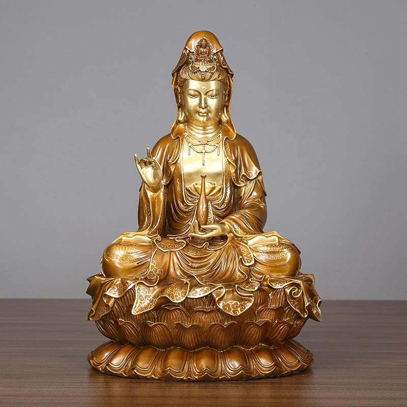 Buddha Stones Kwan Yin Avalokitesvara Lotos Siedzący Harmonia Mosiądz Miedziana Statua Domowy Ołtarz Dekoracja - image 12