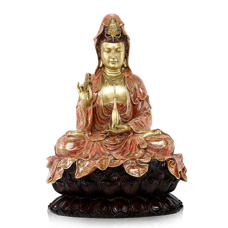 Buddha Stones Kwan Yin Avalokitesvara Lotos Siedzący Harmonia Mosiądz Miedziana Statua Domowy Ołtarz Dekoracja - Jasnoróżowy Awalokiteśwara 27*25*41cm - image 17