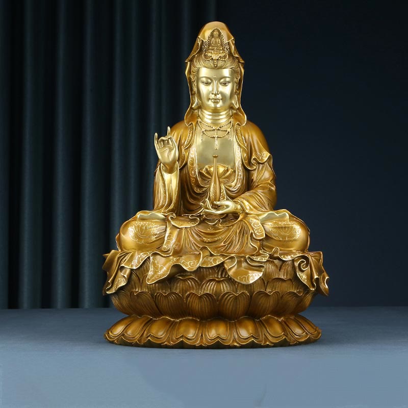 Buddha Stones Kwan Yin Avalokitesvara Lotos Siedzący Harmonia Mosiądz Miedziana Statua Domowy Ołtarz Dekoracja - Złoty Awalokiteśwara 27*25*41cm - image 0