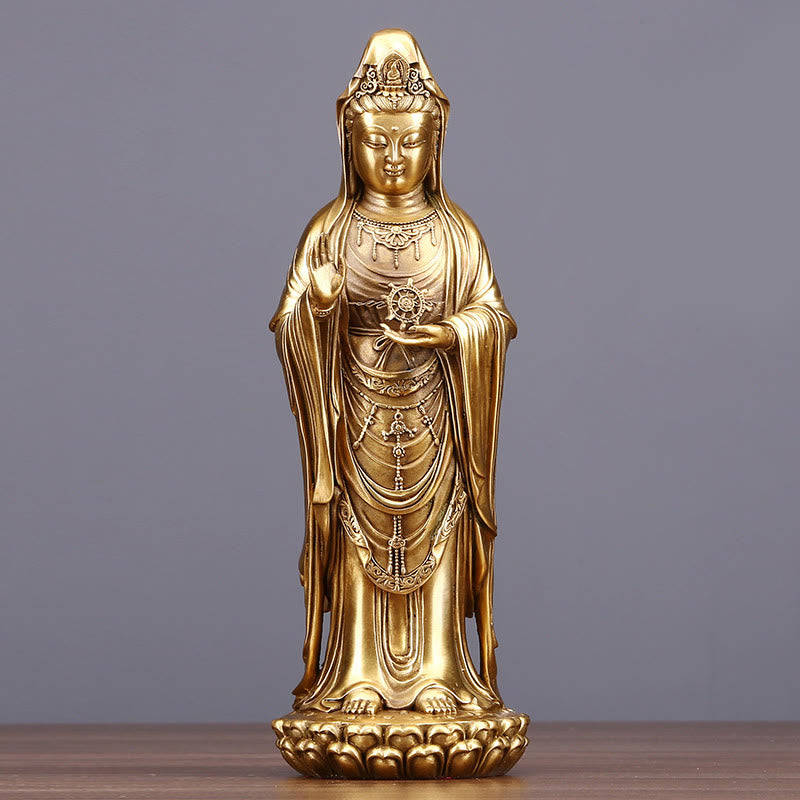 Buddha Stones Kwan Yin Awalokiteśwara trzymający Koło Dharmy Bogactwo Mosiądz Miedziana Statua Dekoracja - Awalokiteśwara 11*27,5 cm - image 2