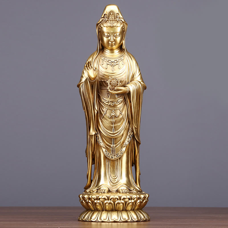 Buddha Stones Kwan Yin Awalokiteśwara trzymający Koło Dharmy Bogactwo Mosiądz Miedziana Statua Dekoracja - Awalokiteśwara 17,5*14*38,5 cm - image 8