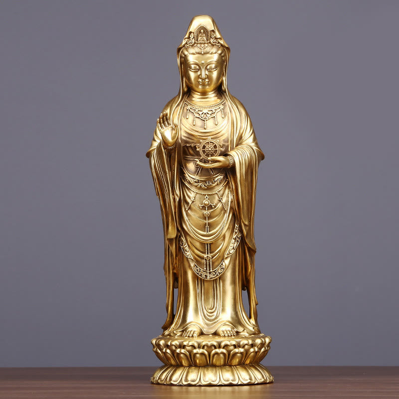 Buddha Stones Kwan Yin Awalokiteśwara trzymający Koło Dharmy Bogactwo Mosiądz Miedziana Statua Dekoracja - Awalokiteśwara 19,5*16,5*49 cm - image 10