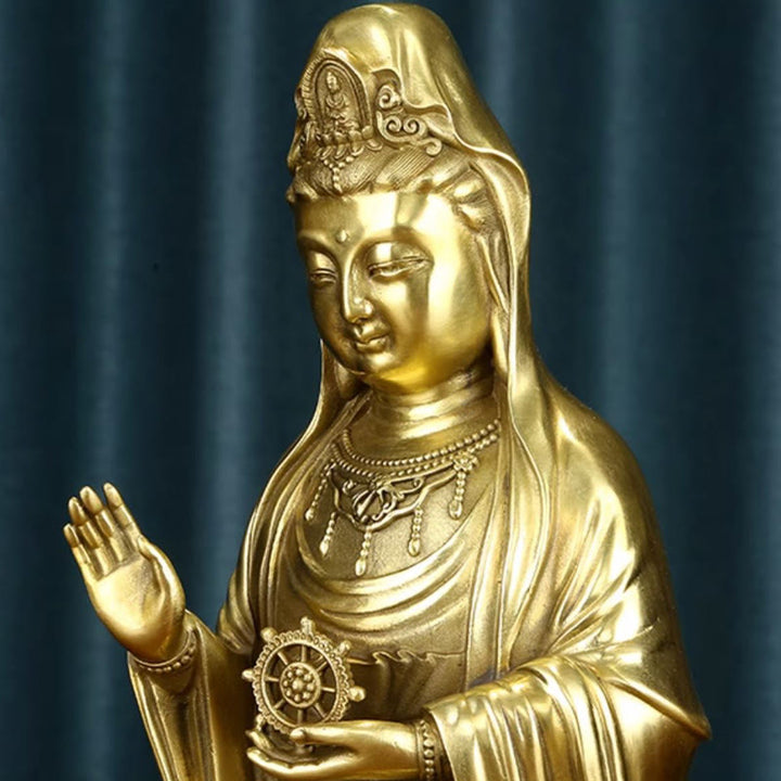 Buddha Stones Kwan Yin Awalokiteśwara trzymający Koło Dharmy Bogactwo Mosiądz Miedziana Statua Dekoracja