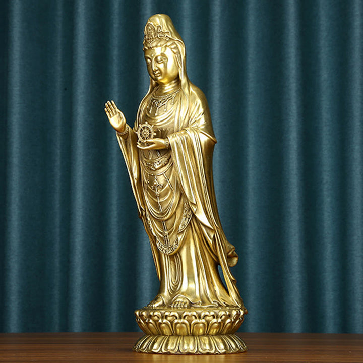 Buddha Stones Kwan Yin Awalokiteśwara trzymający Koło Dharmy Bogactwo Mosiądz Miedziana Statua Dekoracja