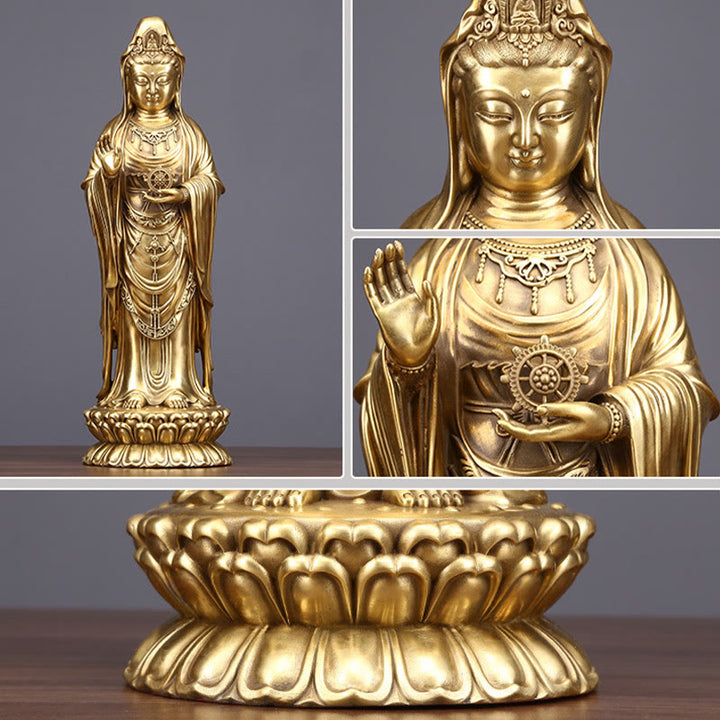 Buddha Stones Kwan Yin Awalokiteśwara trzymający Koło Dharmy Bogactwo Mosiądz Miedziana Statua Dekoracja