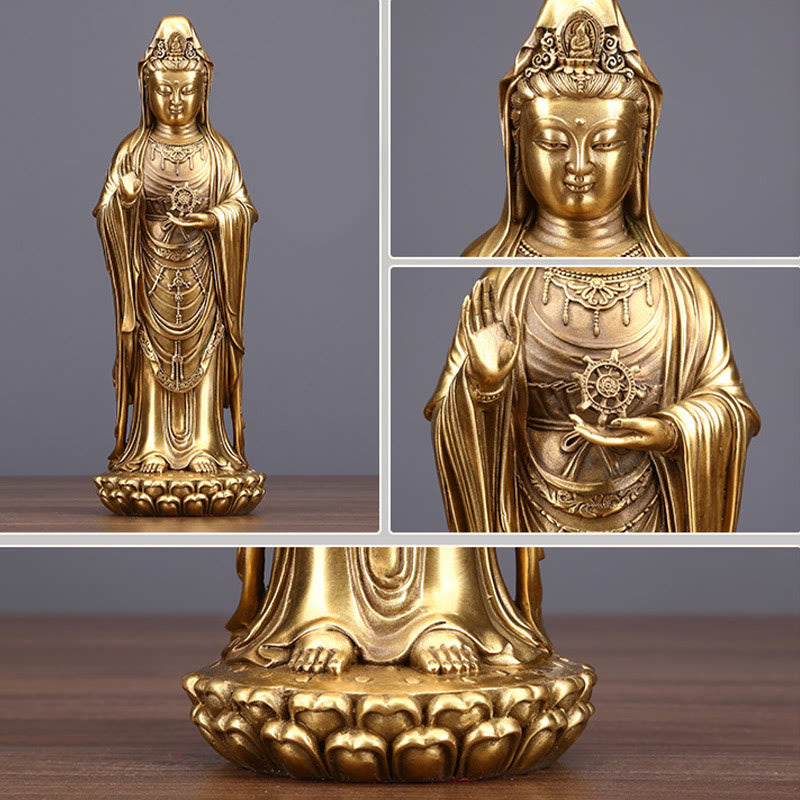 Buddha Stones Kwan Yin Awalokiteśwara trzymający Koło Dharmy Bogactwo Mosiądz Miedziana Statua Dekoracja - image 3